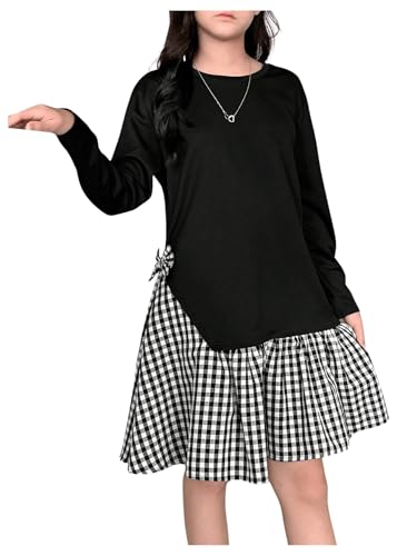 SweatyRocks Girl's Bowknot Plaid Dress Long Sleeve Crewneck Patchwork Asymmetrical A Line Dresses3