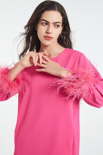 Image of D-Sun Women Feather Dress 3 /4 Feather Sleeves Mini Dress | Round Neck,Elegant Party Dress, Wedding Guest Cocktail Dresses with Pocket