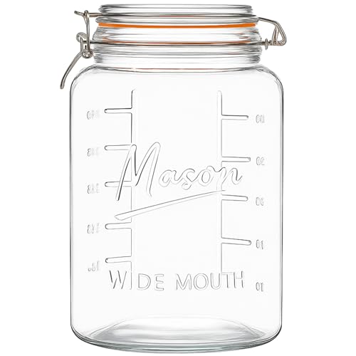 kitchentoolz 1 Gallon Glass Jar with Hinged Clamp-Top Lid Premium Locking Mason Jar Airtight Rubber Gasket Wide Mouth For Canning Pickling Fermenting Measurement Markings 1 Pack