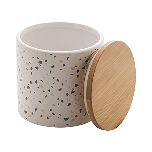 Potiche de Cerâmica com Tampa de Bambu Granilite Branco 10cm x 10cm x 10cm - Lyor