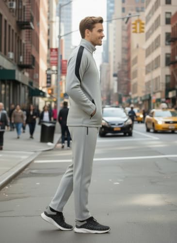Image of CHKOKKO Men's High Neck Winter Tracksuit Set with Full-Zipper Upper & Elasticated Waist Jogger Pants | Warm Soft Solid Activewear for Gym, Running & Casual Use LGTGREYBLK M