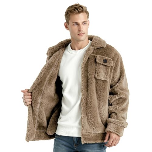 Image of GINGTTO Mens Furry Button-Up Jacket 4 Pockets Fluffy Coat For Men