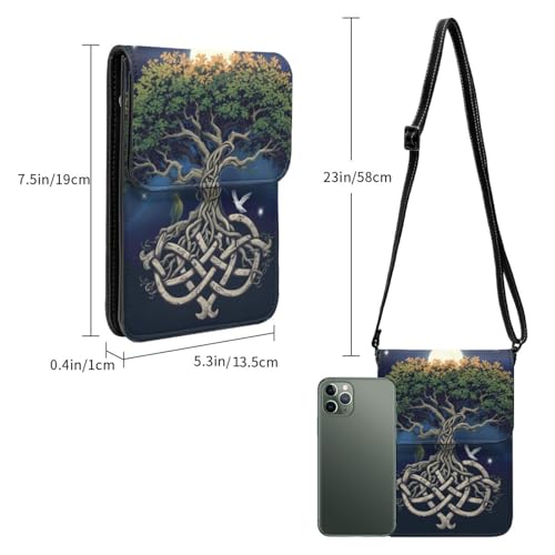 Tree of life celtic moon spiritual design crossbody cell phone purse for womens lightweight small soft leather fashion travel wallet with adjustable strap3