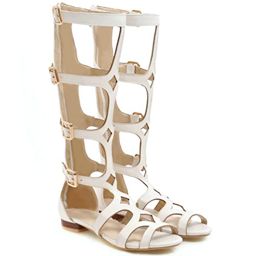 KISSASA Womens Flat Knee High Gladiator Caged Sandals Buckle Strappy Zip Up Sandals For Women3