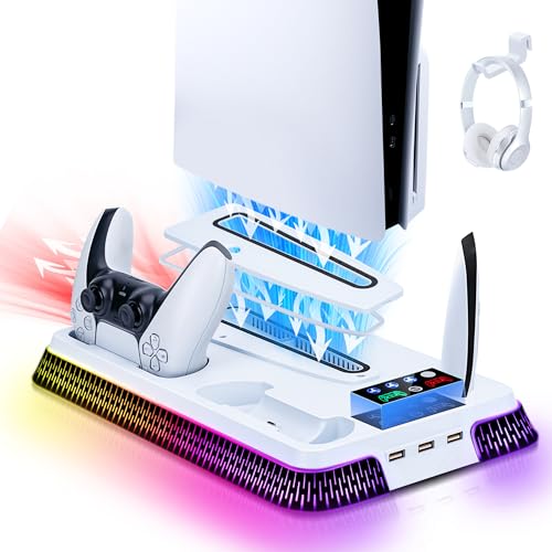 Mcbazel PS5 Pro/PS5 Slim対応 冷却ファンスタンド デュアルコントローラー充電ステーション RGBライト搭載＆ヘッドセットフック付き ディスク版/デジタル版両対応 冷却ファン内蔵 スタンド-ホワイト