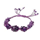 SUNYIK Three Natural Amethyst Crystals Braided Bracelet for Women Men Irregular Chip Stones Strand Bracelet for Healing Meditation