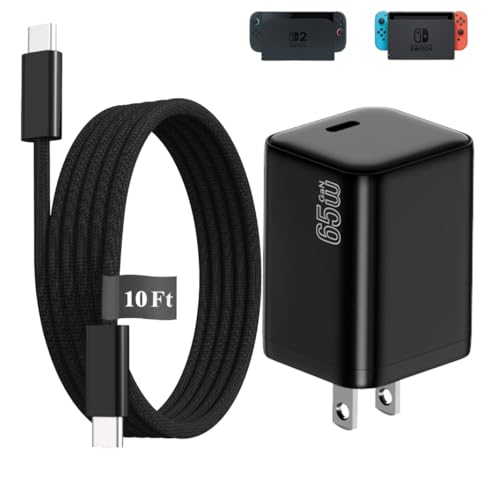 65W Charger for Nintendo Switch (All Series) + 10FT Fast Charging Cable for Switch 1/2 Dock TV Mode, Steam Deck, ROG Ally and More