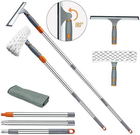 Extendable Window Squeegee,XUCAI 12" Pro-Grade Squeegee & 11" Window Scrubber with 2 Microfiber Pads,Rotate Window Washing Kit with Long Handle 59",Extra Microfiber Cleaning Cloth for Household