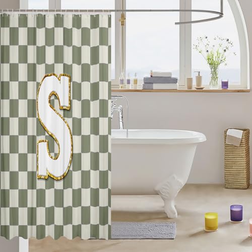 Image of Erosebridal Sage Green Checkered Shower Curtain 72 inch Wx72 L Plaid Initial S Bathroom Curtain Personalized Monogram Bathroom Accessories for Kids Adults,Fashion Grids Gingham Shower Decor