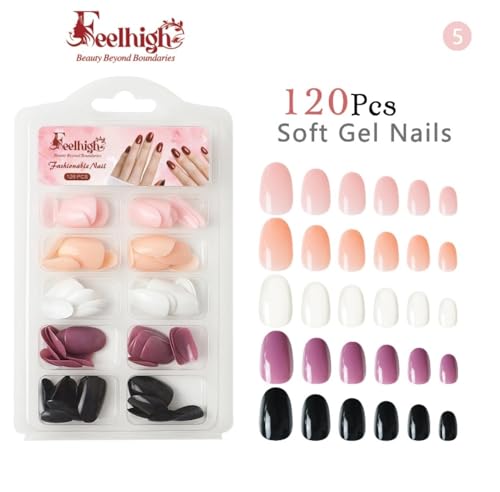 Image of 120 Pcs Press On Nail Tips - Medium Round Artificial Nail Extensions in 5 Colors, Natural Reusable Stick-On False Nails Kit for Women & Girls, 12 Sizes, Salon-Like Finish (Shade 05)