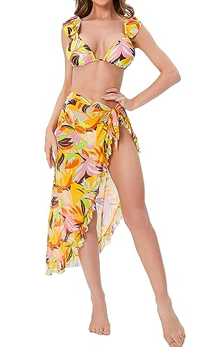 WDIRARA Women's Floral Boho Triangle Ruffle Trim 3 Piece Swimsuits with Sarong Skirt