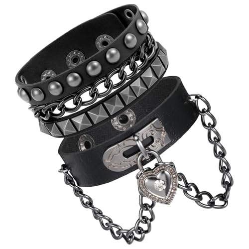 Grevosea Rivet Bracelet, Multilayer Heart Pendant Leather Punk Bracelet, Adjustable Black Cuff with Rivet Studs Chain Wristband for Rock Sports