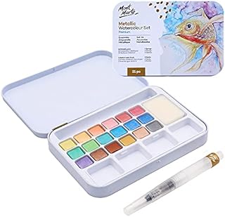 MONT MARTE Watercolour Paint Set Metallic 18 Watercolours Including Water Brush, Sponge, Palette Compact Set Ideal for Watercolour Painting