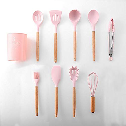 Conjunto com 12 utensílios de cozinha de silicone, com alças de madeira, colher antiaderente resiste