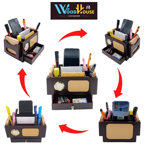 Image of WOOD HOUSE Pen Stand for Office Table with Clock, Wooden Pen Holder for Office Table Stylish, Wooden Desk Organizer for Office Table, Pen Stand with Drawer, Pen Stand with Compartment, Office Gifts