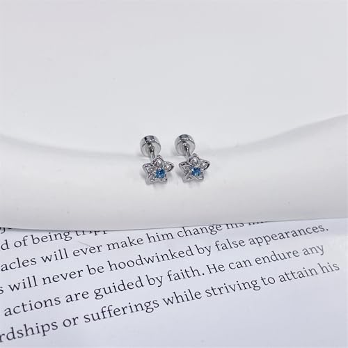 20g Hollow Blue CZ Flower Screw Flat Back Small Stud Earrings for Women Stainless Steel Cute Floral Cherry Cubic Zirconia Crystal Cartilage Tragus Piercing Little Studs Hypoallergenic Fashion Jewelry for Daughter Xmas3