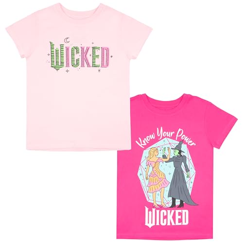 Wicked Girl's Graphic Print T-Shirt 2-Pack - Short Sleeve Tees Bundle for Kids (Light Pink & Dark Pink, Size 14/16)