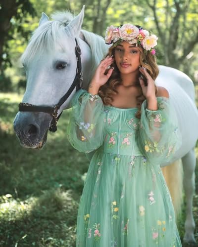 Flower Embroidery Tulle Prom Dress Floor Length Long Puffy Sleeve Evening Party Gowns4