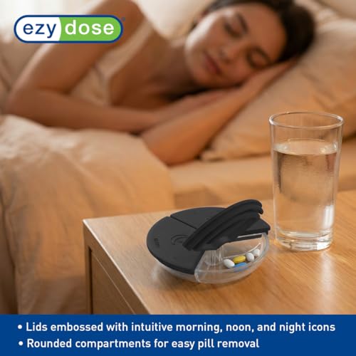 Image of Ezy Dose Weekly (7-Day) Daily Pill Case, Medicine Planner, Vitamin Organizer Container, Compact Round Containers with Flexible Lids and Removable Compartments, 3 Times a Day, Soft Black, BPA Free