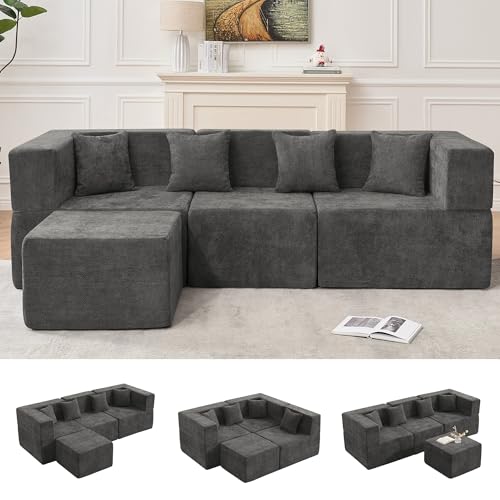 Image of MONVANE 103'' Modular Sectional Sofa, Comfy Chenille Cloud Couch with Ottoman, Modern Convertible L Shaped Couch with Deep Seat, Sectional Couches for Living Room, Bedroom and Apartment, Grey