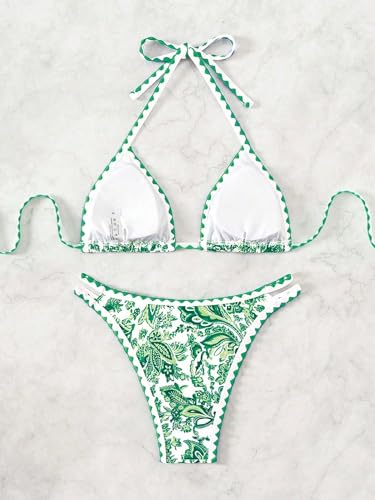 Image of BYFINECANY Women's Floral Printed Bathing Suit Halter Paisley Summer Swimsuit Bikinis Set
