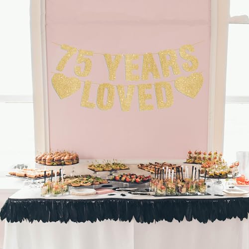 Image of Pre-Strung 75th Birthday Banner - Gold Glitter, Happy 75th Birthday Party Decorations for Women & Men, 75 Year Old Anniversary Decor Bday Sign Gifts