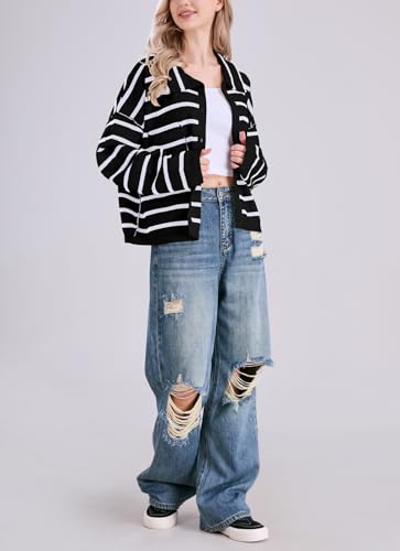 Image of chouyatou Women's Button Down Striped Cardigan Sweater Polo Collar Open Front Knit Jacket 2024 Fall Outfits