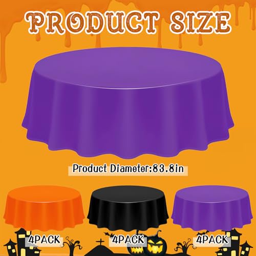 Image of CIEOVO 12 Pack Halloween Plastic Tablecloth Black Orange Purple Color Disposable Waterproof Round Tablecloth for Halloween Witch Vampire Party Decorations