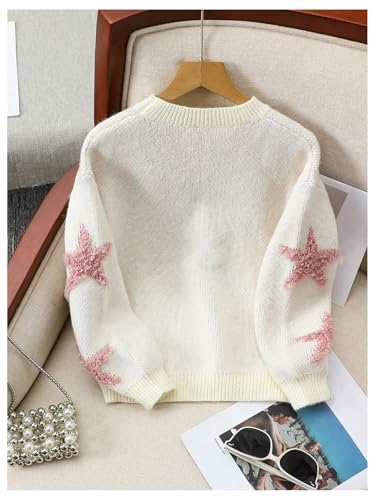 MakeMeChic Girl's Star Print Cute Crew Neck Cable Knit Sweater Drop Shoulder Long Sleeve Pullovers2