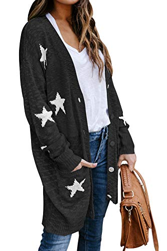 Hapcope Women's Star Print Button Down Knit Open Front Cardigan Sweaters With Pockets Black L #TOP1