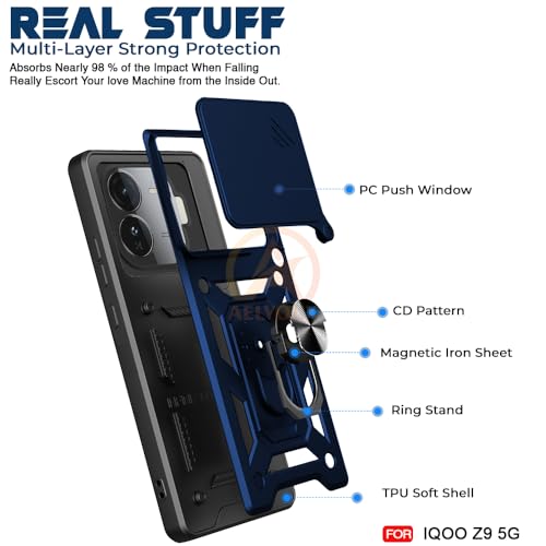 Image of AESTMO Tough Armor Compatible with iQOO Z9 5G Bumper Back Case Cover | Ring Holder & Sliding Camera Shield Cover | 360 Degree Protection Back Case Cover Compatible with iQOO Z9 5G (Blue)