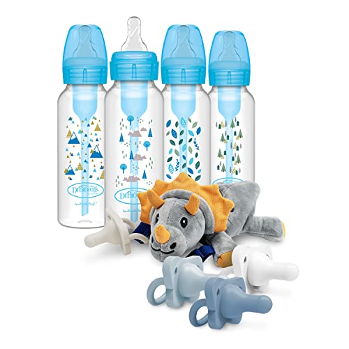 Image of Dr. Brown’s Natural Flow® Anti-Colic Options+™ Narrow Baby Bottles 8 oz/250 mL, Blue Nature 4 Pack, with HappyPaci Pacifiers and Lovey Holder, Triceratops