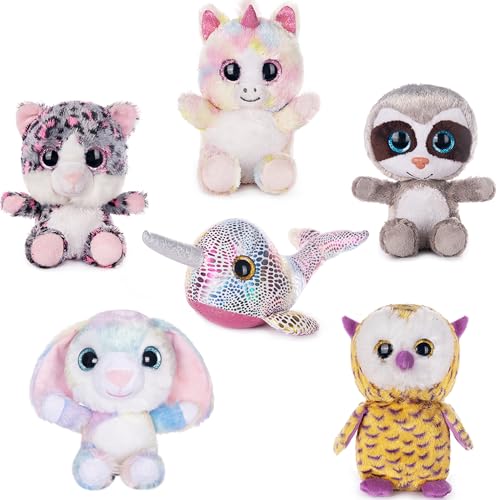 My OLi 7" Adorable Stuffed Animals Bulk - 6 Pcs Fairy Tale Plush Toys (Sloth, Unicorn, Rabbit, Narwhal, Owl, Cat) - Perfect Plushies for Babies Kids Girls & Boys