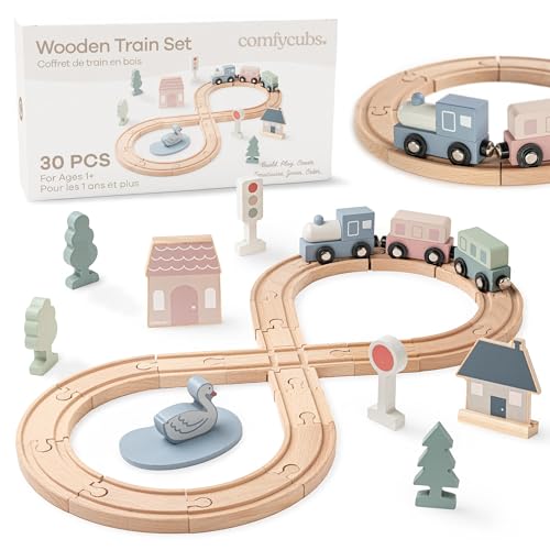 Comfy Cubs 30-Piece Wooden Train Set for Toddlers Ages 1+ Fun & Eco Friendly Toddler Train Set with Wooden Toy Tracks - Creative Toy Town Promoting Imaginative Play with Flexible Configuration