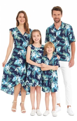 Image of Family Matching Hawaiian Clothes, Orchid Breeze Navy | Lightweight 100% rayon • Family matching outfits • Beach vacations • Luaus • Cruises • Family photos