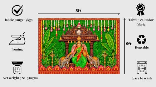 Image of varalakshmi Pooja Backdrop | Lakshmi Devi Backdrop Decoration with Coconut Leaves Design Background and Banana Leaves Decoration 6x8 Feet | varalakshmi Backdrop
