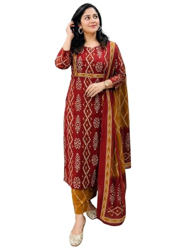 ANNI Designer Women's Straight Cotton Blend Printed Kurta with Pant and Dupatta for Women (Qasam Red_L_Red_L)