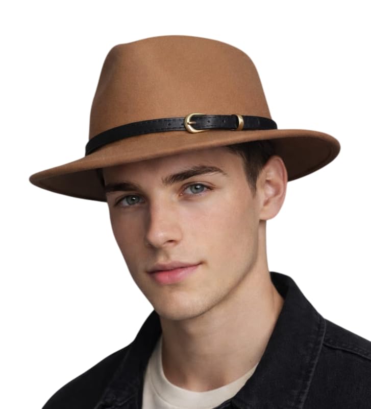 Krystle Men’s Brown Fedora Hat with Black Belt Buckle Band – Clas...