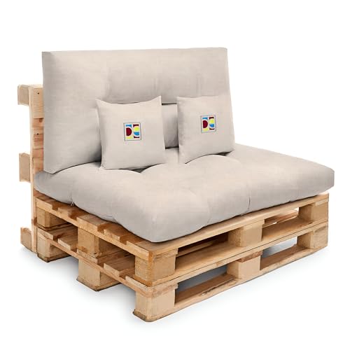 Cojines para Sofá de Palets Exterior 120x80 + Respaldo 120x60 – Pack Completo con Asiento, Respaldo y 2 Cojines Decorativos Bordados – Estilo Chill out para Terraza y Jardín (Arena)