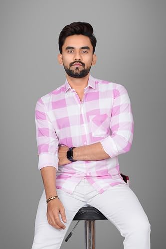 Image of Voroxy Men's Casual Checks Shirt with Pockets Cotton Blend Stylish Branded Checkered Pattern Formal Shirt & Regular Fit Full Sleeves and Spread Collar Style
