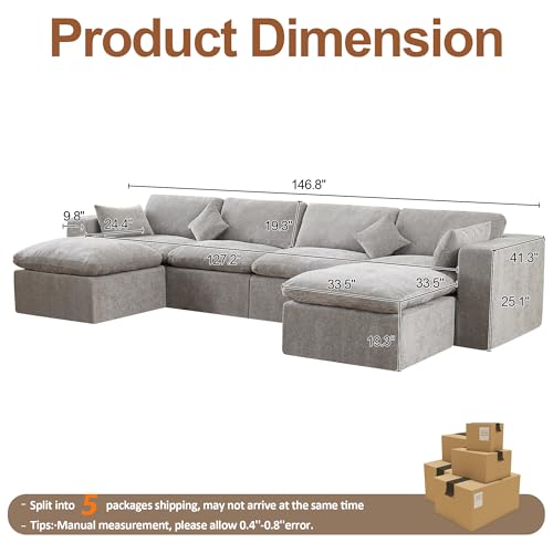 Image of 146''Cloud Boneless Sectional Couch, Modular Sectional Sofa Deep Seat with 2 Ottomans, Oversized Upholstered Convertible Comfy 6 Seater Chenille Sofa U Shape Couches for Living Room, Light Grey