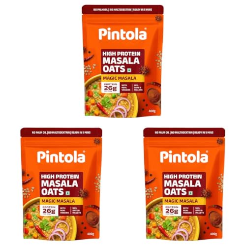 Image of Pintola 26g High Protein Masala Oats 400g, Magic Masala, Breakfast Cereal with High Fiber & Veggies, No Palm Oil, No Preservatives, 5 min Healthy Snack, Helps Manage Weight, Gym Endurance & Gut Friendly