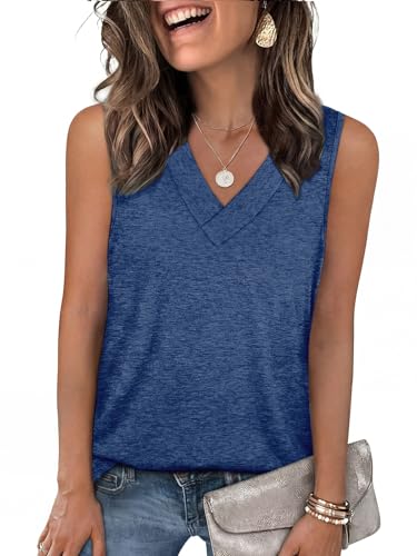 YESTTO Tank Tops for Women Summer V Neck T Shirts Sleeveless Tops Casual Loose Fit Basic Tees Women Blouses 2026 Fashion Blue