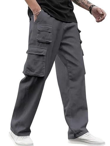 Image of Veirdo Pure Cotton Baggy Fit Regular Length Mid Rise 6 Pocket Cargos for Men (Colors Available: Black, Olive, Grey, Brown & Navy)