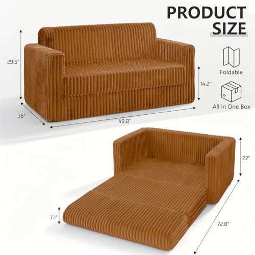 Image of HABUTWAY 49.8 inch Loveseat Boneless Couch, 4-in-1 Convertible Sofa Bed, Plush Fur Folding Futon Sofa Bed Couches Without Pillow for Living Room, High-Density Foam Support, No Assembly Required, Orange