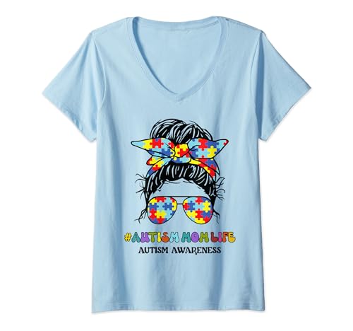 Donna Autism Mom Life Messy Bun Autism Awareness Maglietta con Collo a V