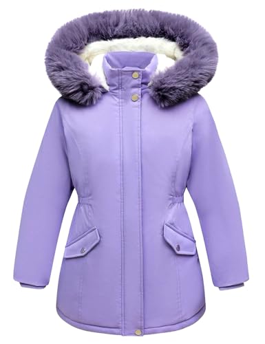 Wyeysyt Girls Winter Long Coat Waterproof Kids Outerwear Warm Parka Puffer Jacket with Hood(Purple-9Y)