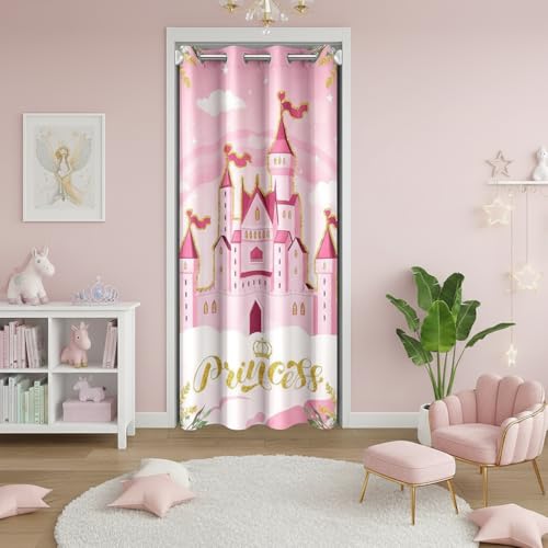 Manfei Princess Door Curtains for Girls,Pink Castle Dreamy Closet Door Curtains Kids Bedroom Decor,Flowers Door Cover Curtain,Fairy Tale Privacy Curtain Cover,Gifts for 4 Year Old Girl,W34 X L80