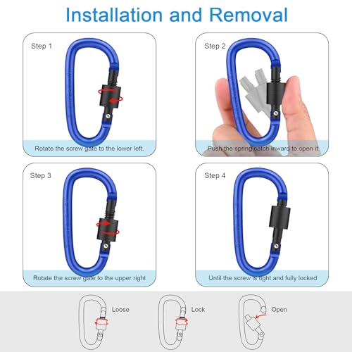 Image of 2-Pack Locking Carabiner Clips with Screw Gate - Heavy-Duty D-Shaped Spring Hook for Backpack, Fishing, Travel, Keychain, Camping & Hiking（Black+Blue）