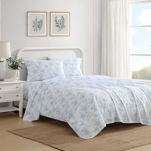 Image of Laura Ashley - Full Size Sheet Set, Crisp & Lightweight Cotton Percale Bedding with Fitted Sheet and Pillowcases, Floral Room Decor, Deep Pocket, College Dorm Room Essentials (Walled Garden Blue)